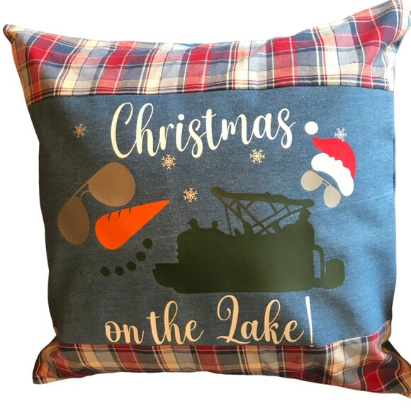 Holiday Lake Scene Pillow Cover: Appliqued Christmas on the Lake w/Pontoon 18x18 - Picture 1 of 10